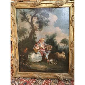 Oil On Canvas Depicting A Lovely 18th Century Galant Scene Framed In The Taste Of Boucher