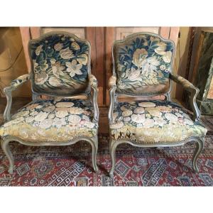 Pair Of Painted Carved Wood Armchairs Covered With A Beautiful Tulip Tapestry