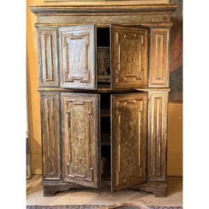 17th-century Italian Cabinet (florence) Made Of Carved, Painted, And Gilded Wood, With Four Opening Doors