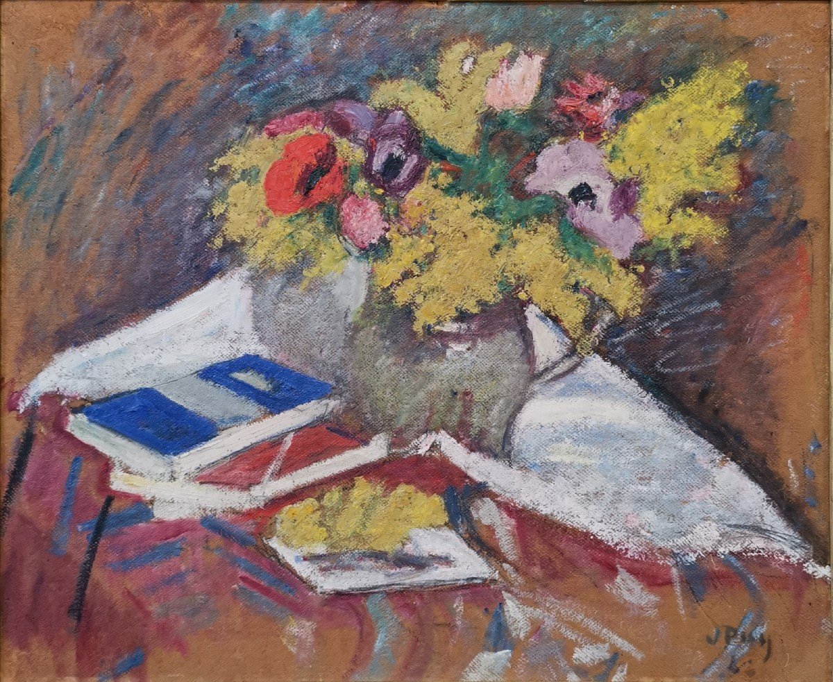 Jean Puy (1876-1960), Bouquet Of Mimosas And Blue Book-photo-2