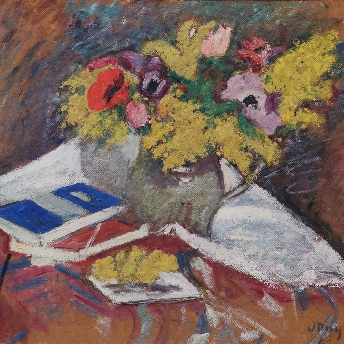 Jean Puy (1876-1960), Bouquet Of Mimosas And Blue Book-photo-3