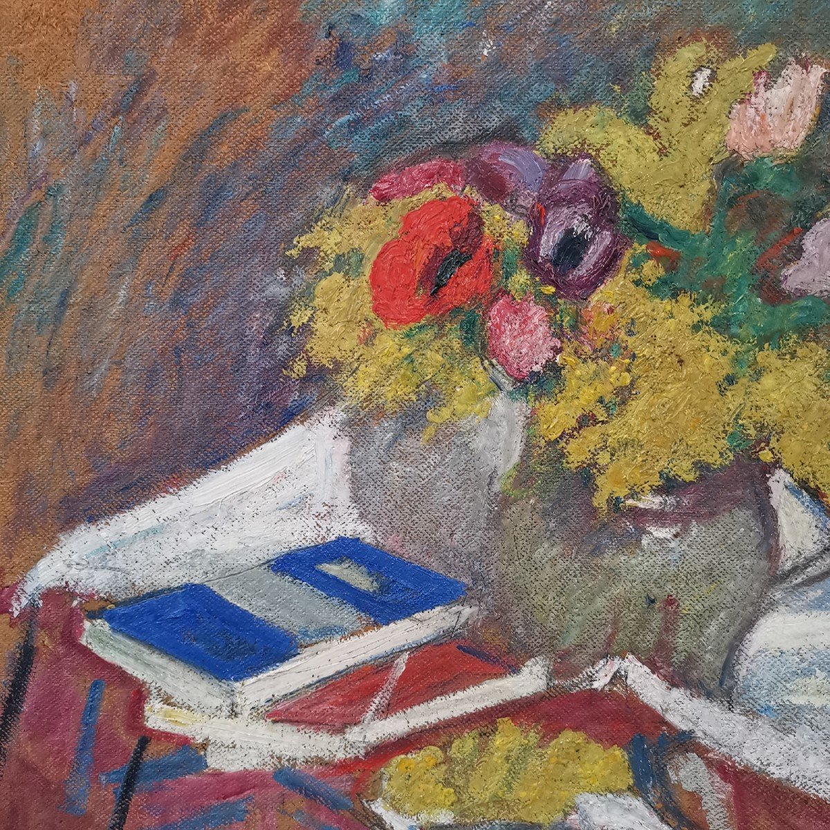 Jean Puy (1876-1960), Bouquet Of Mimosas And Blue Book-photo-4