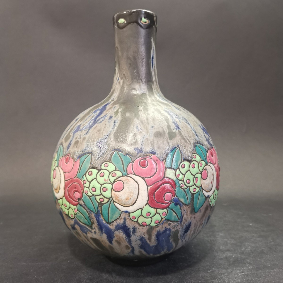 Charles Catteau For Keramis-boch, Long-necked Stoneware Pansu Vase With Small Flowers Decor-photo-2