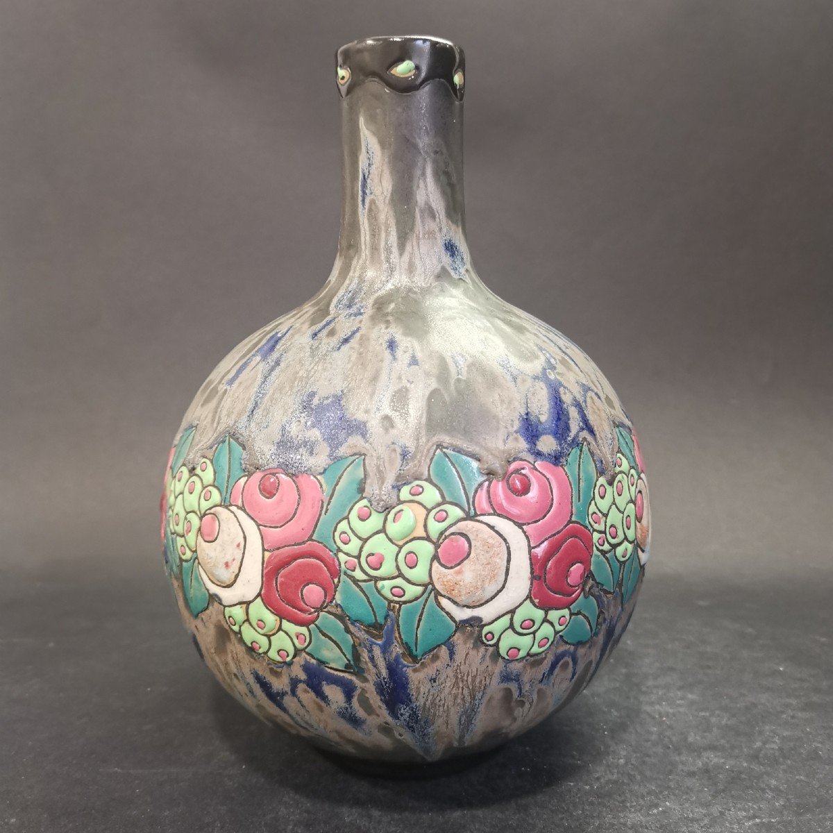 Charles Catteau For Keramis-boch, Long-necked Stoneware Pansu Vase With Small Flowers Decor-photo-3