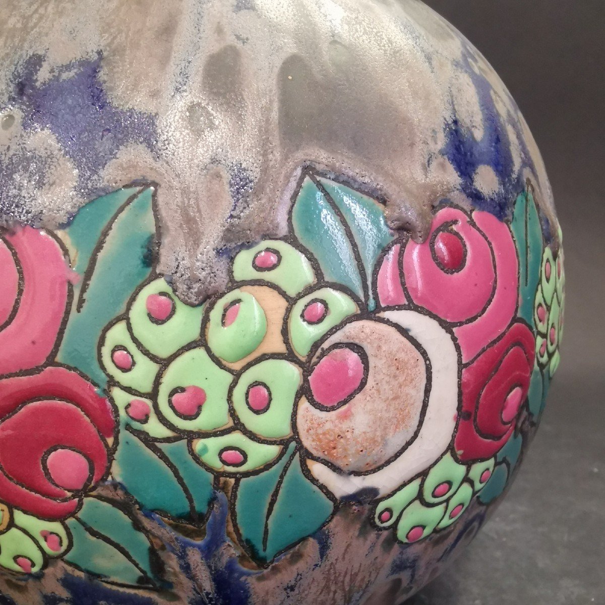 Charles Catteau For Keramis-boch, Long-necked Stoneware Pansu Vase With Small Flowers Decor-photo-4