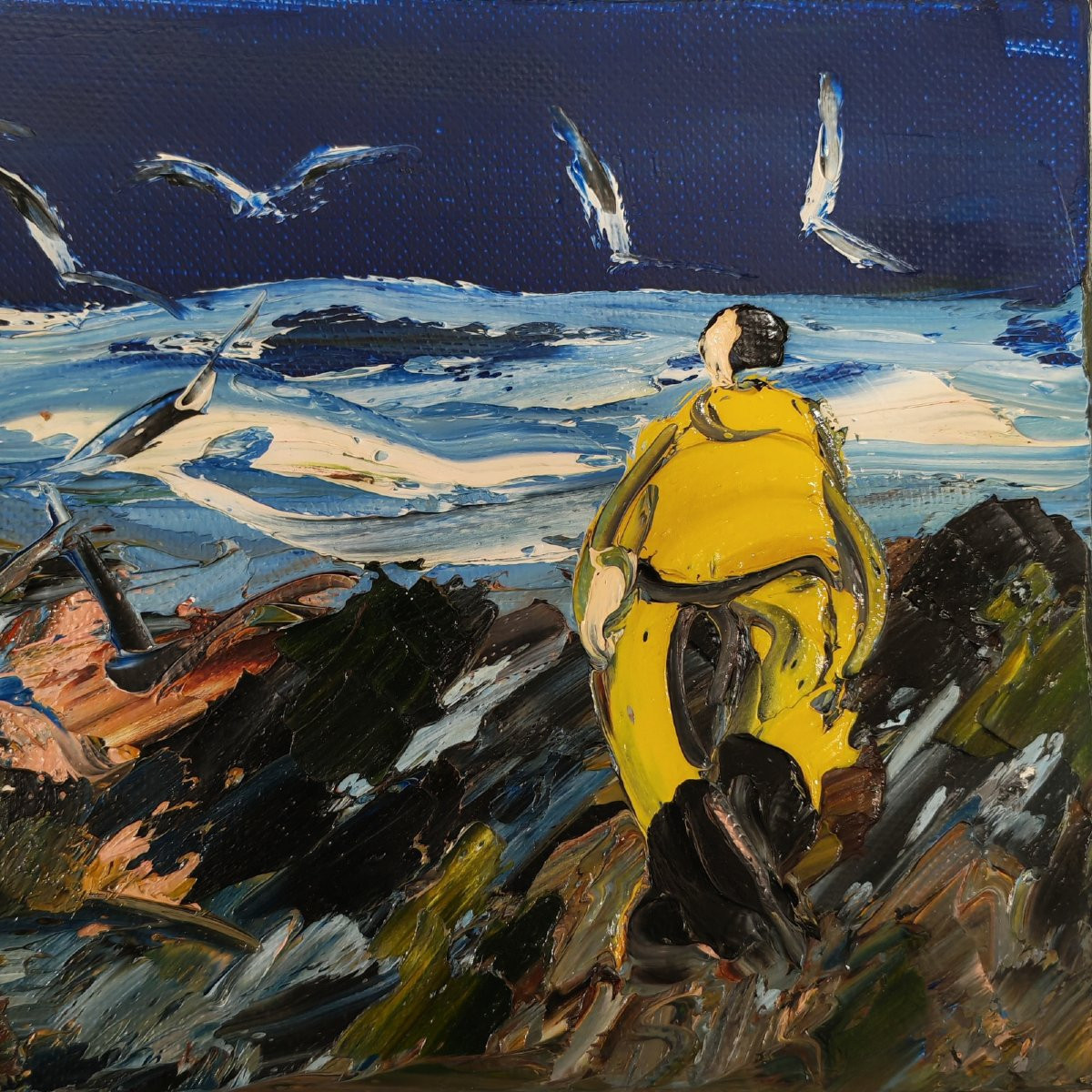 Christian SANSEAU (1952), Marin en ciré jaune face à la mer-photo-2