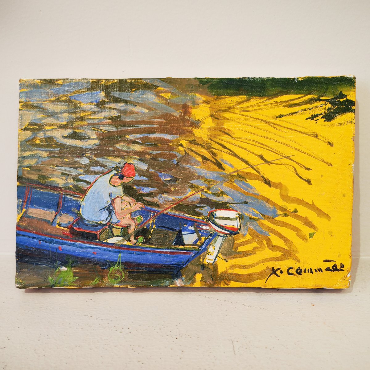 Jean COMMÈRE (1920-1986), Pêcheur en barque, huile sur toile-photo-2
