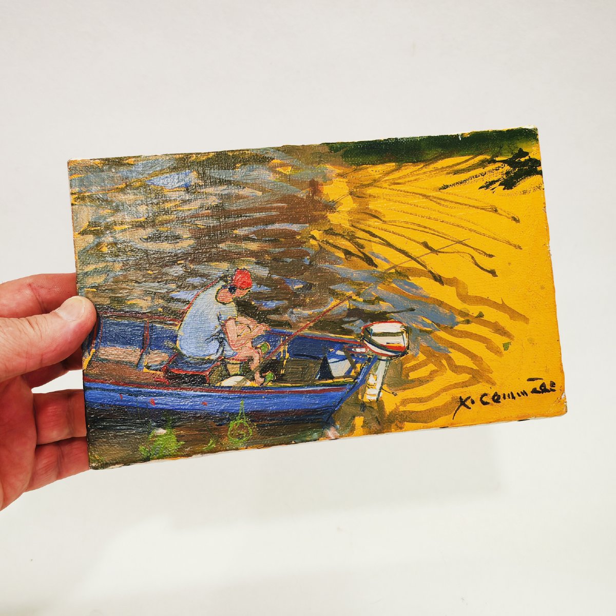 Jean COMMÈRE (1920-1986), Pêcheur en barque, huile sur toile-photo-3