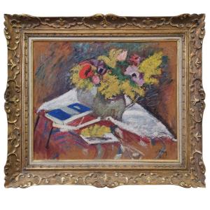 Jean Puy (1876-1960), Bouquet Of Mimosas And Blue Book