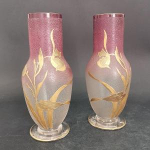 Pair Of Art Nouveau Montjoye Vases Decorated With Golden Flowers