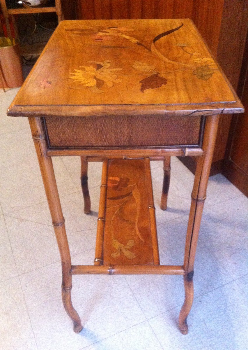 Table En Bambou Et Marqueterie d'époque Art Nouveau-photo-2