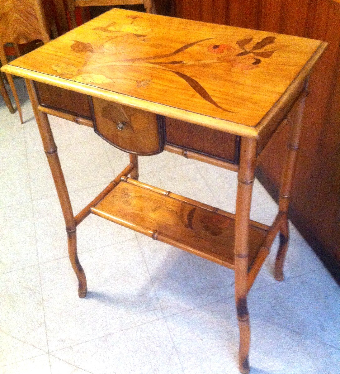 Table En Bambou Et Marqueterie d'époque Art Nouveau