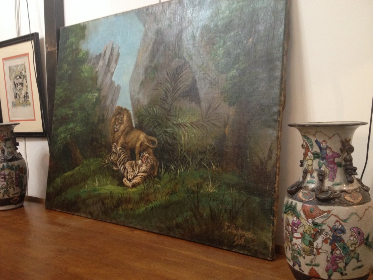 Tableau Le Jeu De La  Jungle  Entre  Lion Et Tigre-photo-2