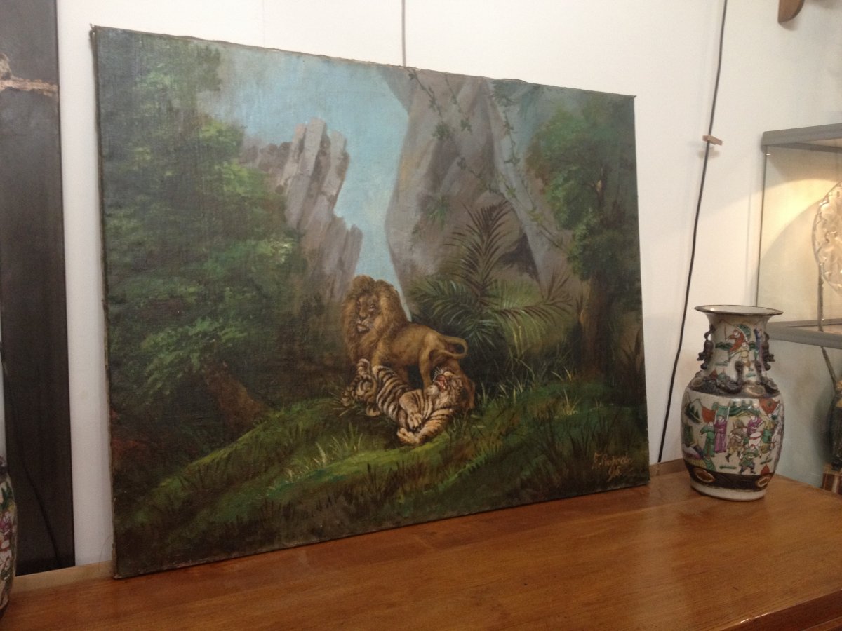 Tableau Le Jeu De La  Jungle  Entre  Lion Et Tigre-photo-3