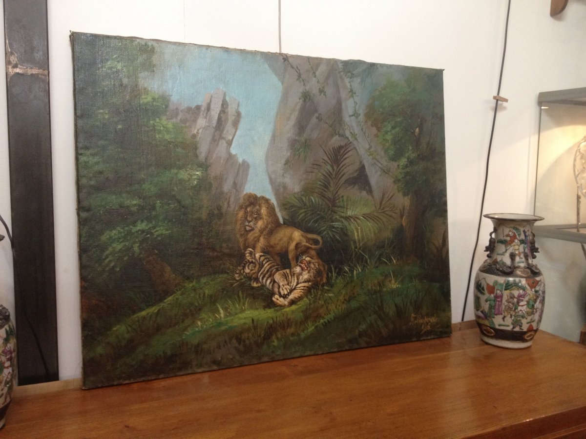 Tableau Le Jeu De La  Jungle  Entre  Lion Et Tigre-photo-5