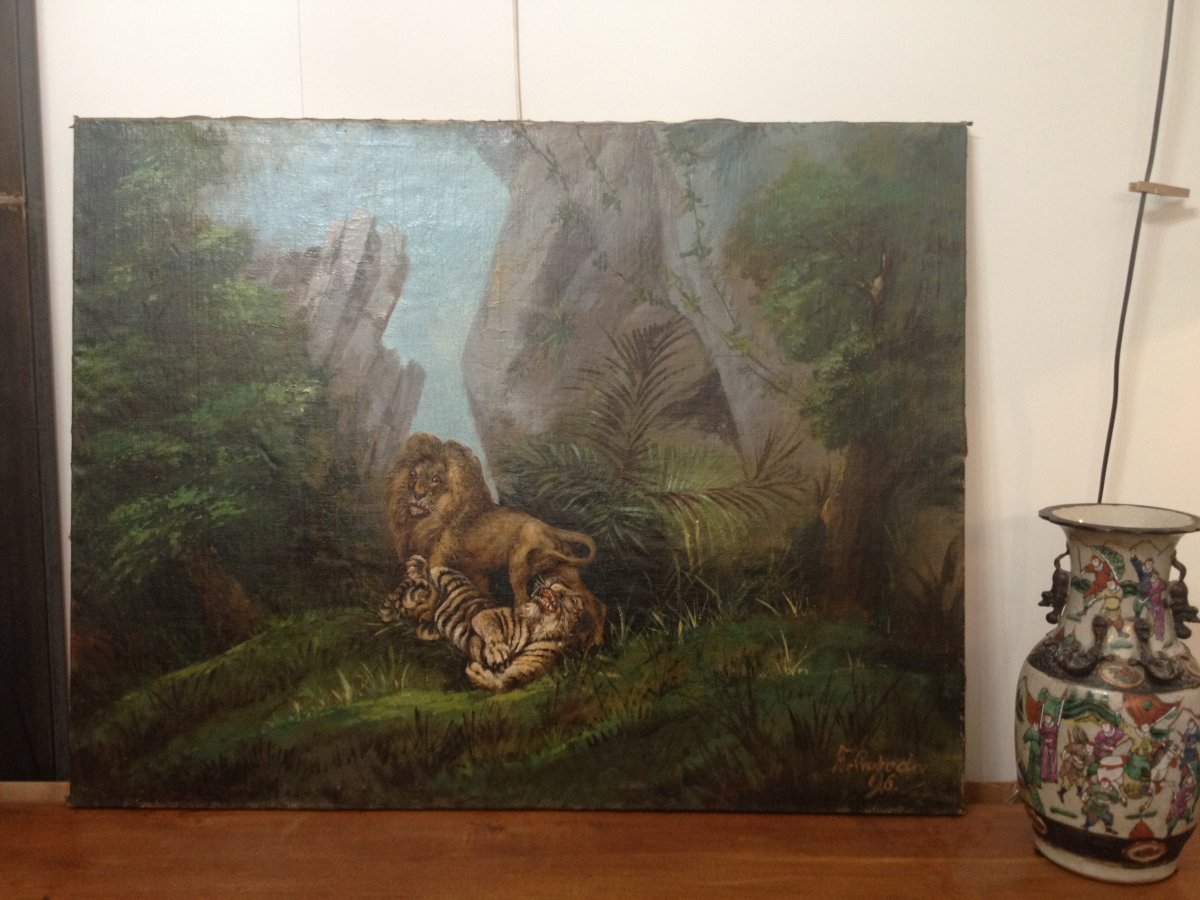 Tableau Le Jeu De La  Jungle  Entre  Lion Et Tigre-photo-8