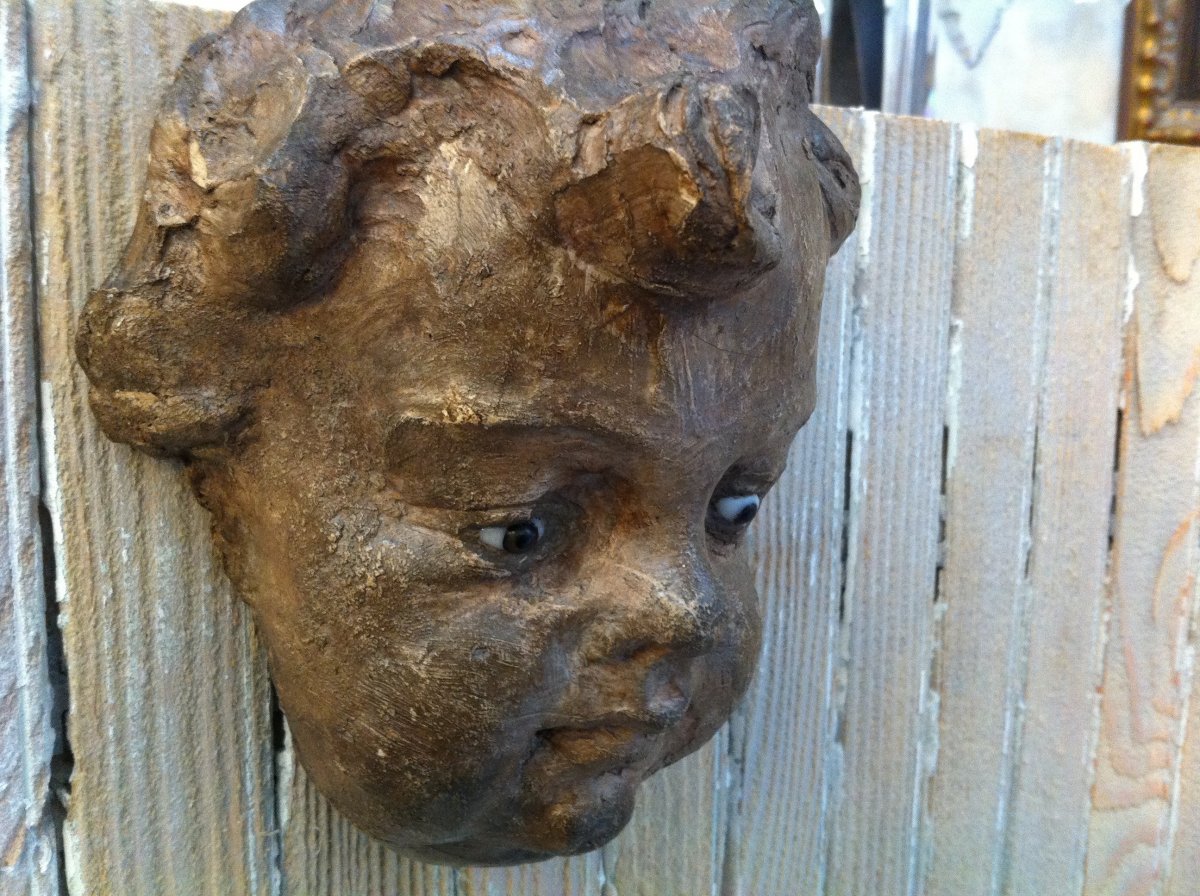 Head Of Cherub XIX Th In Terracotta-photo-2