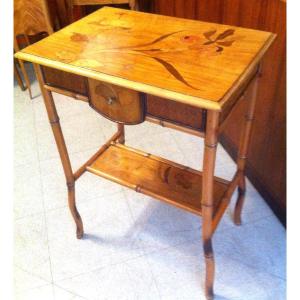 Table En Bambou Et Marqueterie d'époque Art Nouveau