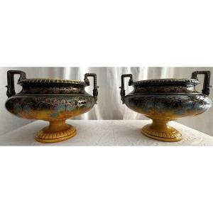 Pair Of Sarreguemines Art Nouveau Style Pot