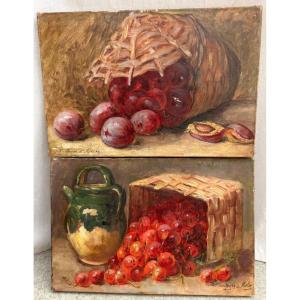 Pair Of Still Lifes Featuring A Basket
