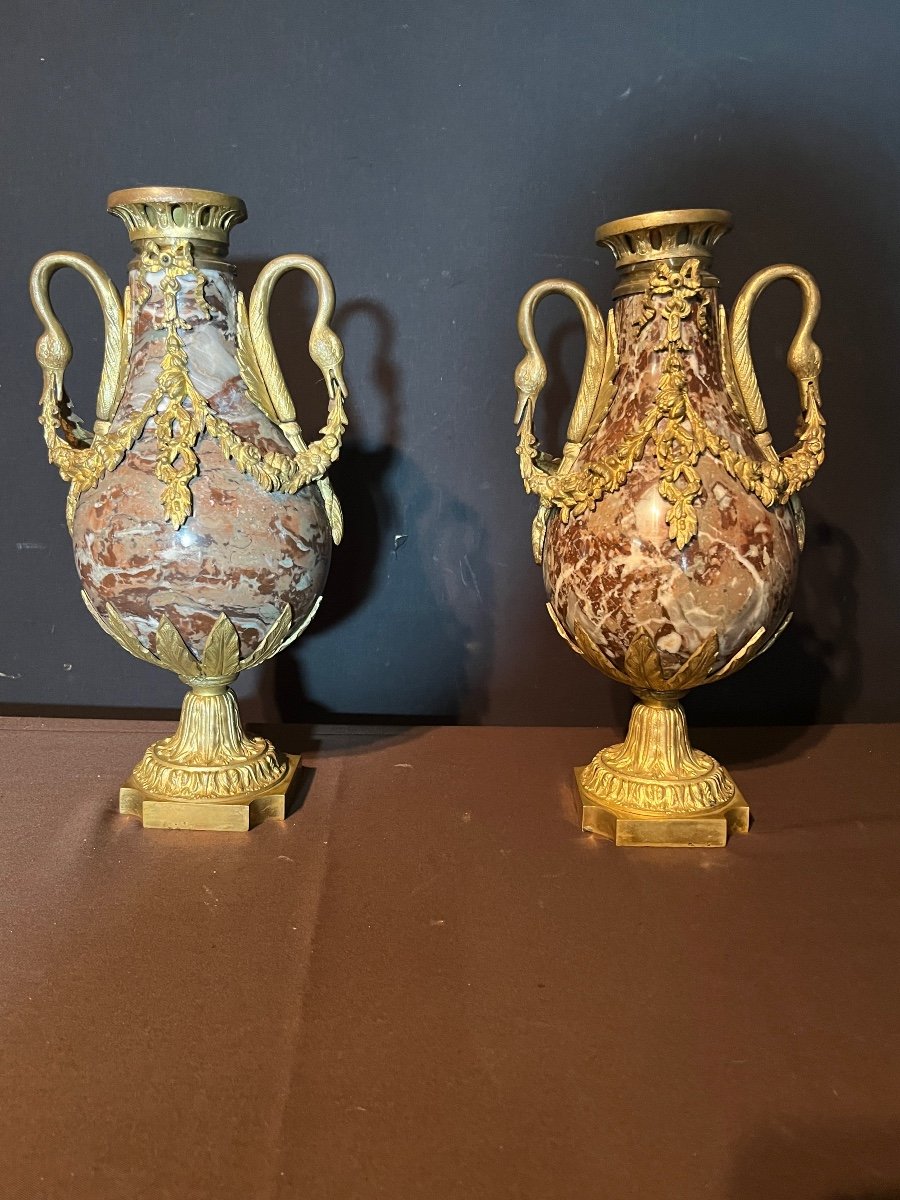 Pair Of Vases In Marble And Bronze