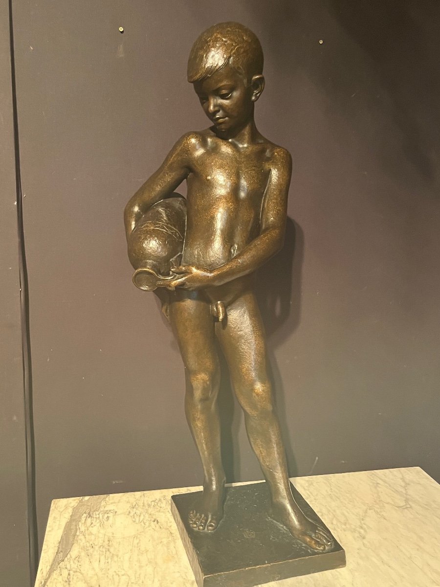 Bronze Sculpture Representing A Young Man With A Jug From The 1950s. Height: 90cm-photo-2