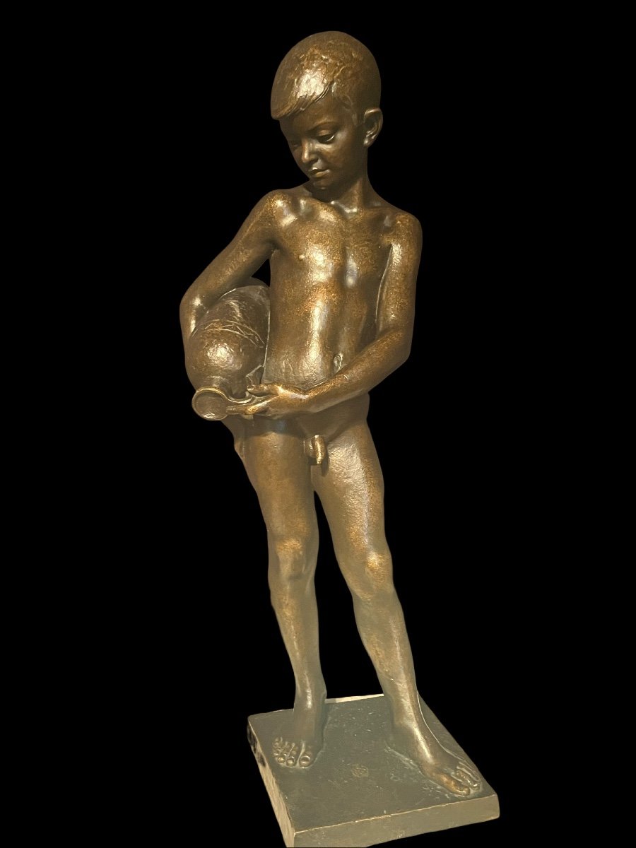 Bronze Sculpture Representing A Young Man With A Jug From The 1950s. Height: 90cm