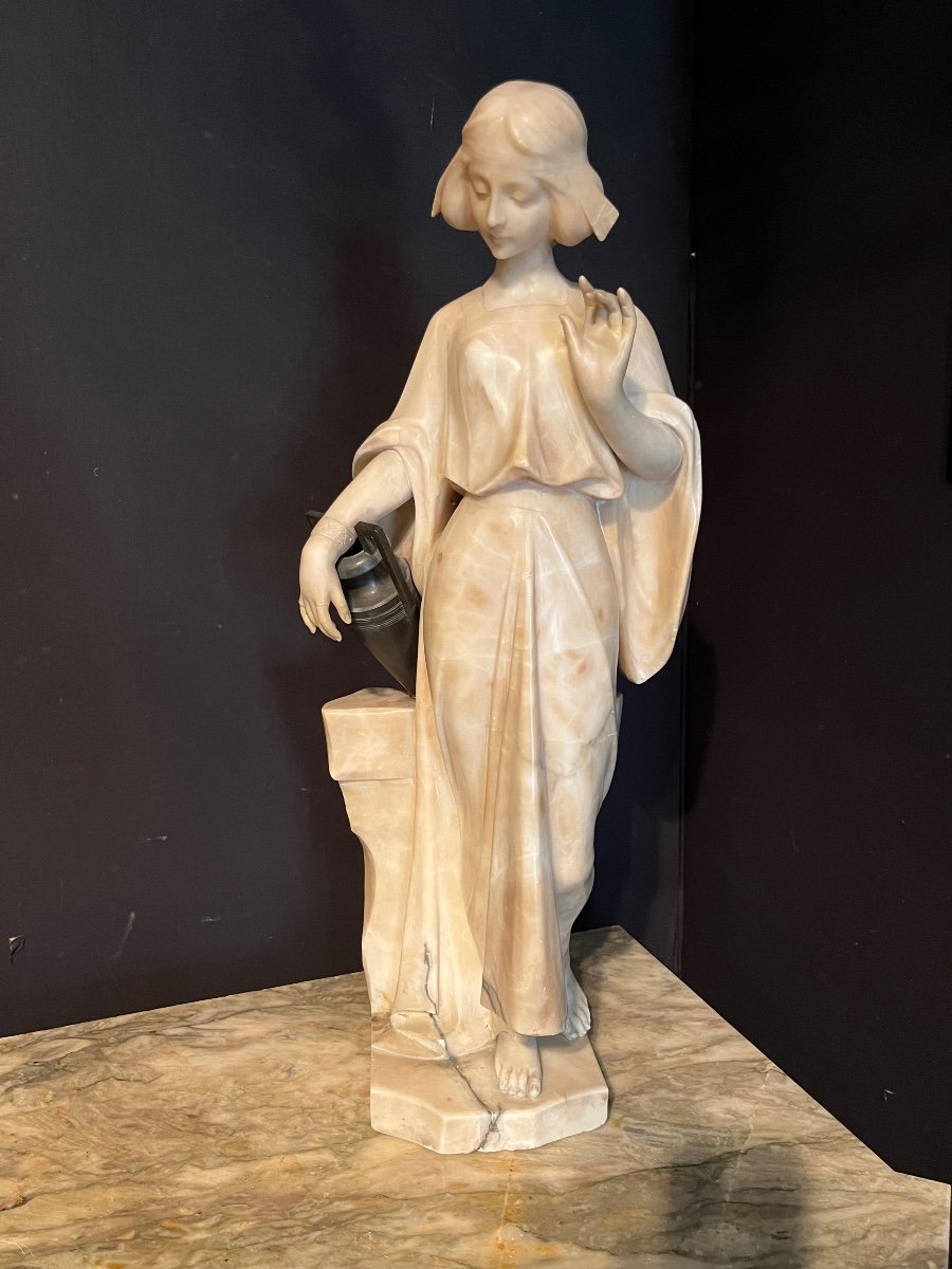 Young Woman With A Jug Sculpture In Alabaster And Bronze