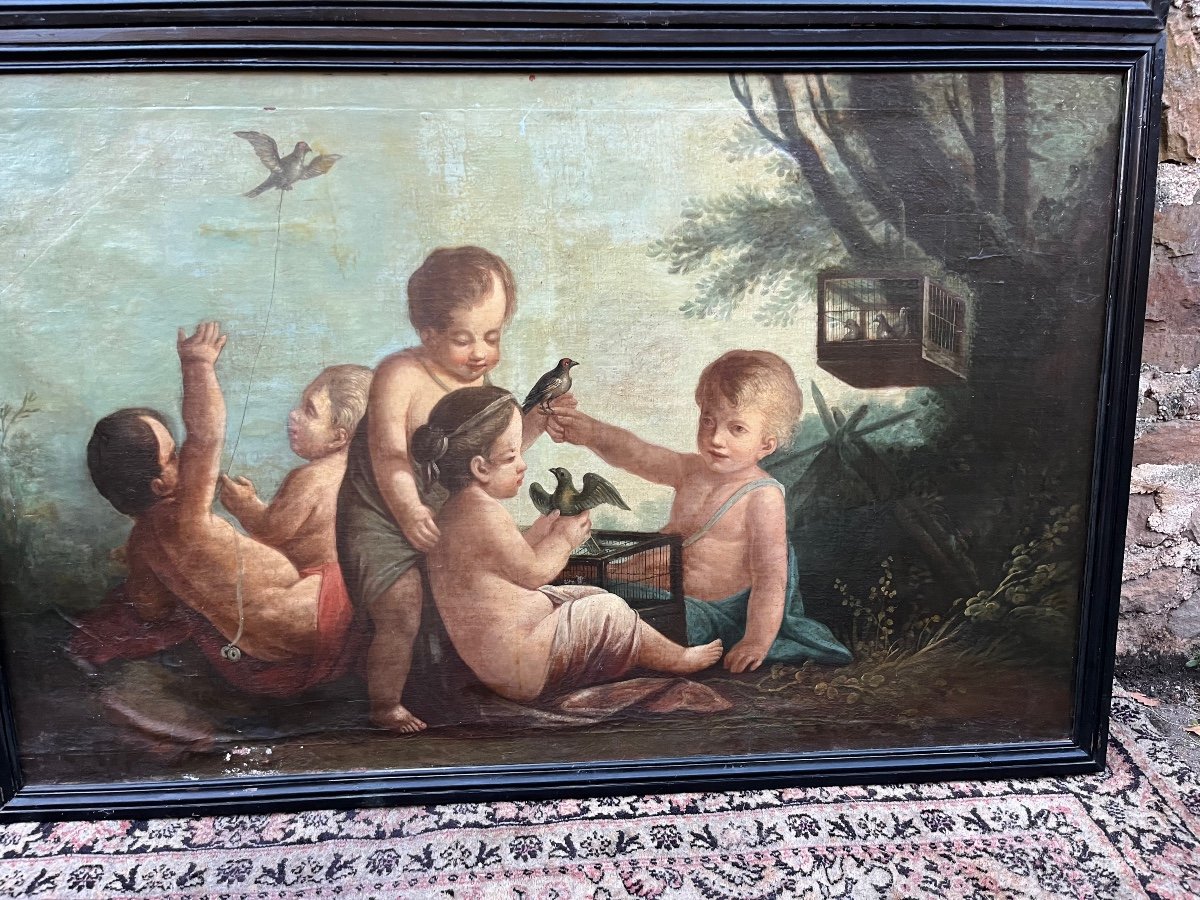 Pair Of Late 18th Century Canvas Paintings Representing Putti-photo-2