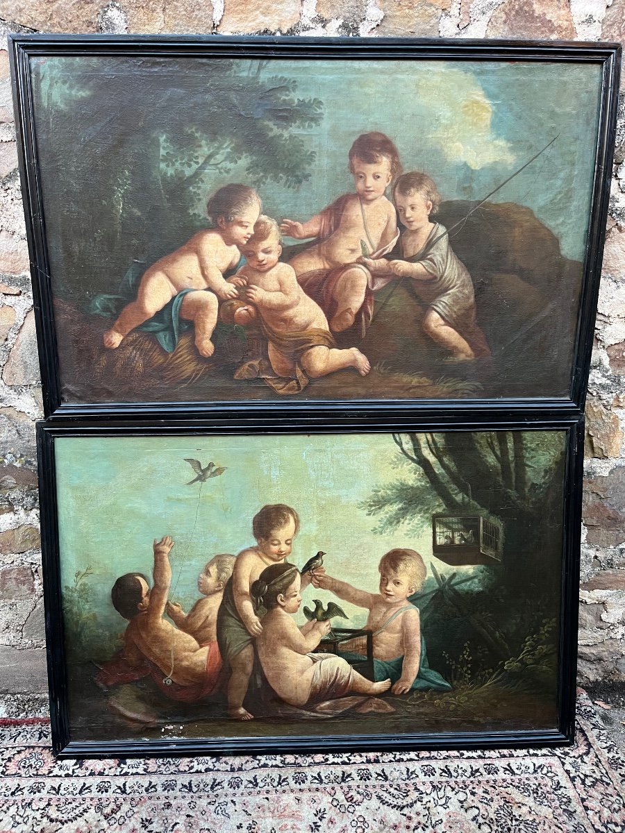 Pair Of Late 18th Century Canvas Paintings Representing Putti