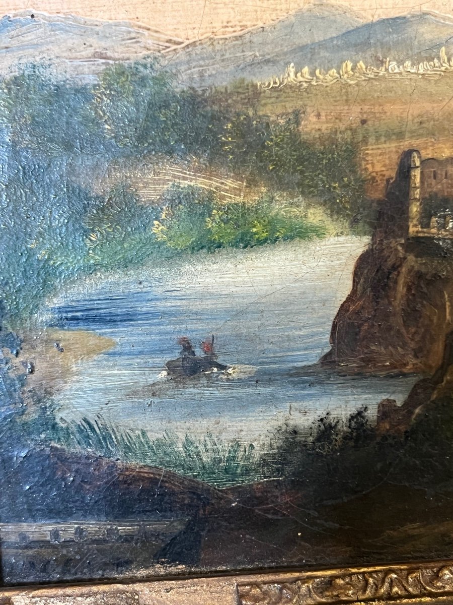 Petit Tableau XIXe Paysage De Château -photo-4