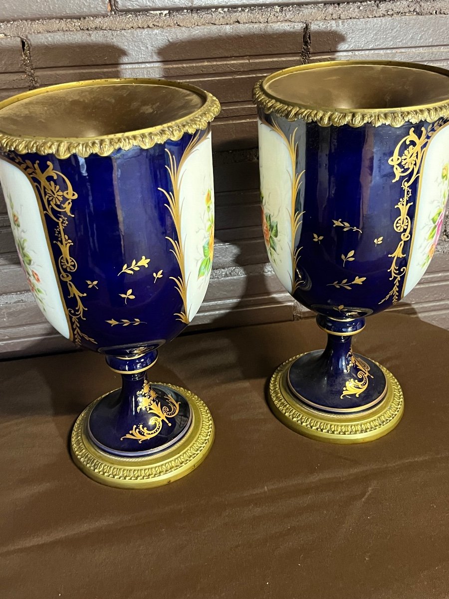 Paire De Vases En Porcelaine De Sevres Décor Floral -photo-1