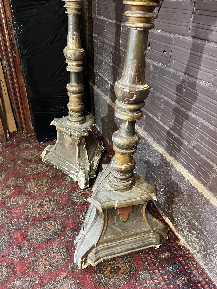 Pairs Of Large 18th Century Carved Wooden Candlesticks-photo-3