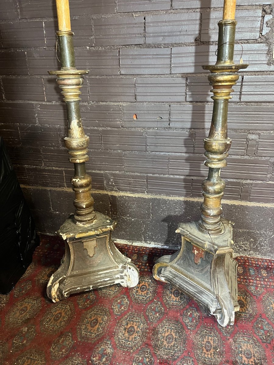 Pairs Of Large 18th Century Carved Wooden Candlesticks