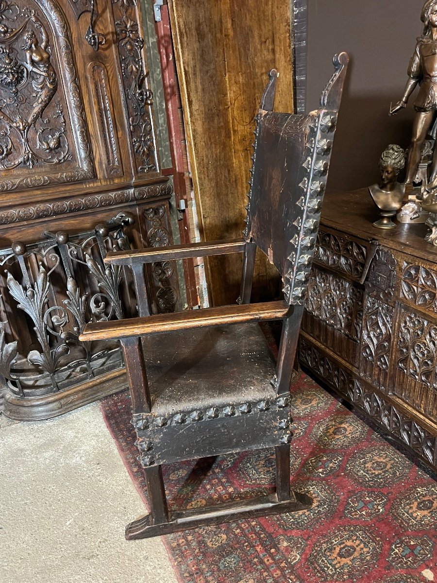 Spanish Renaissance Style Armchair In Leather Studded With Coat Of Arms -photo-3