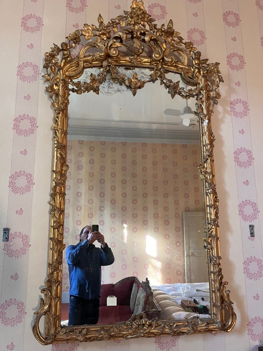 Important 19th Century Gilded Wood Castle Mirror 