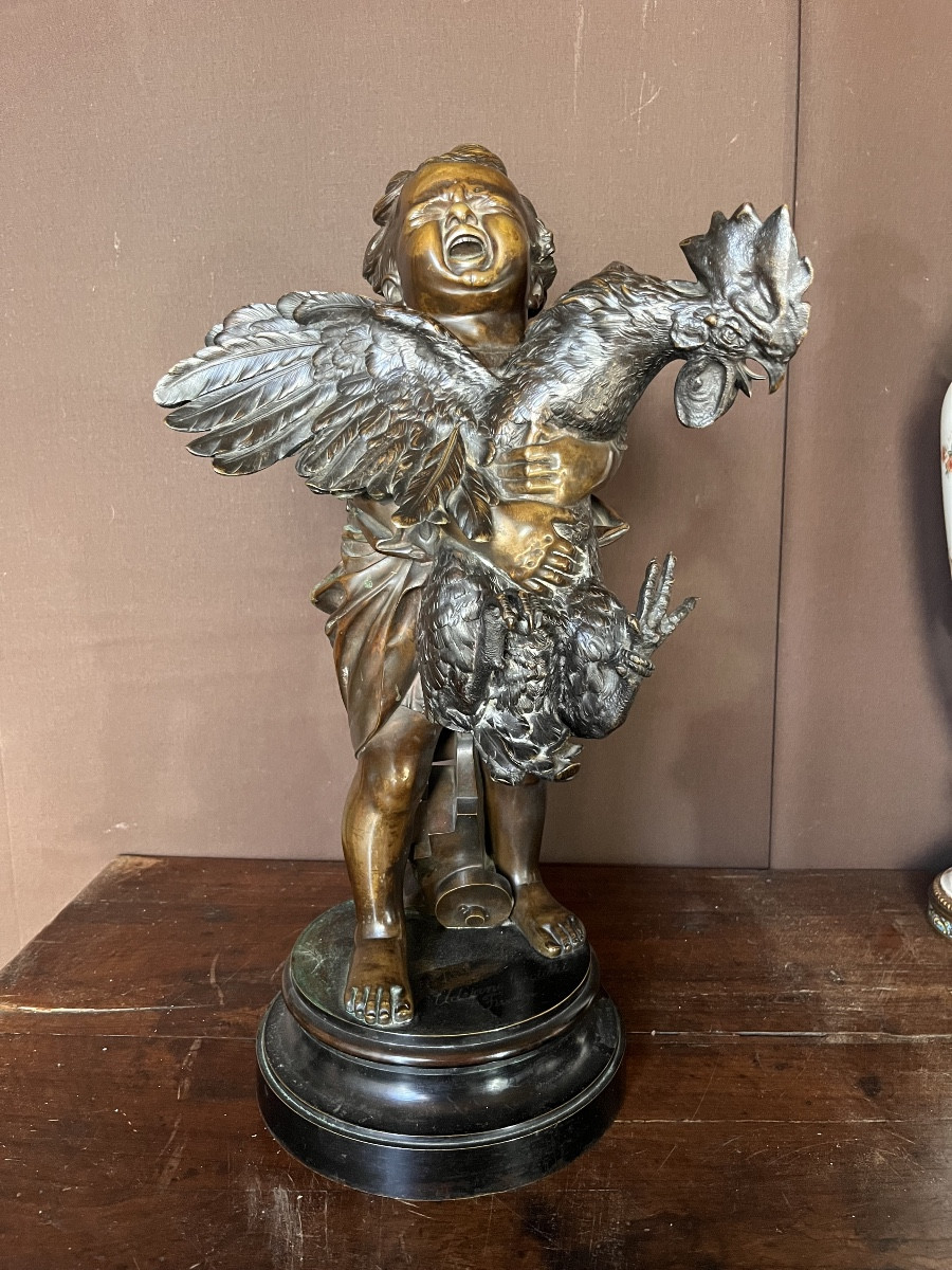 Adriano Cecioni Bronze Child With Rooster