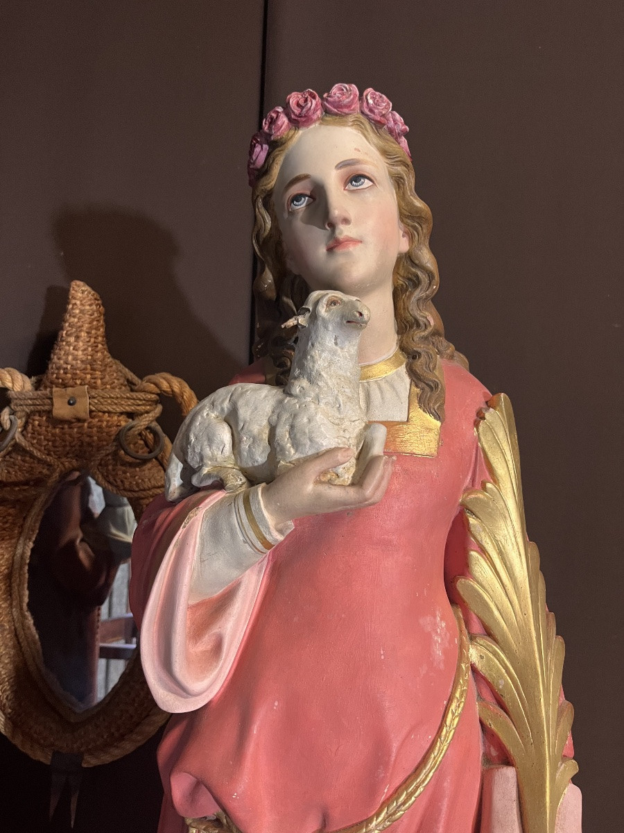 Statue religieuse en stuc polychrome de saint Agnès (hauteur :110 cm)-photo-2