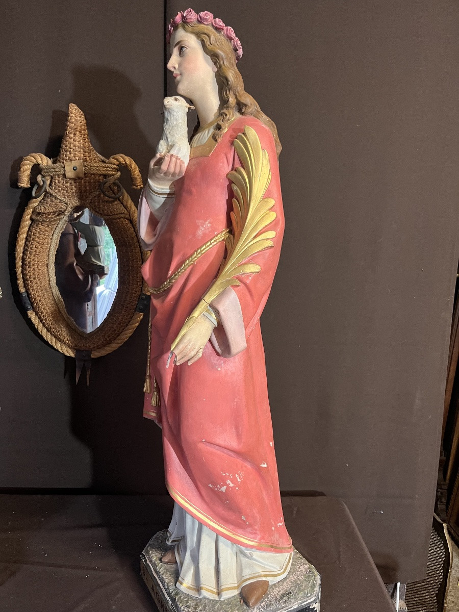 Statue religieuse en stuc polychrome de saint Agnès (hauteur :110 cm)-photo-4