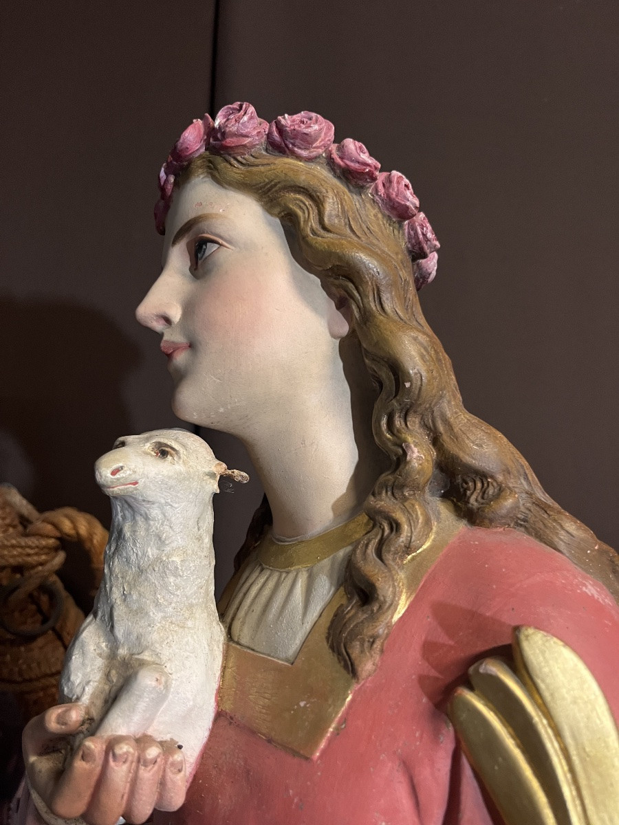 Statue religieuse en stuc polychrome de saint Agnès (hauteur :110 cm)-photo-2