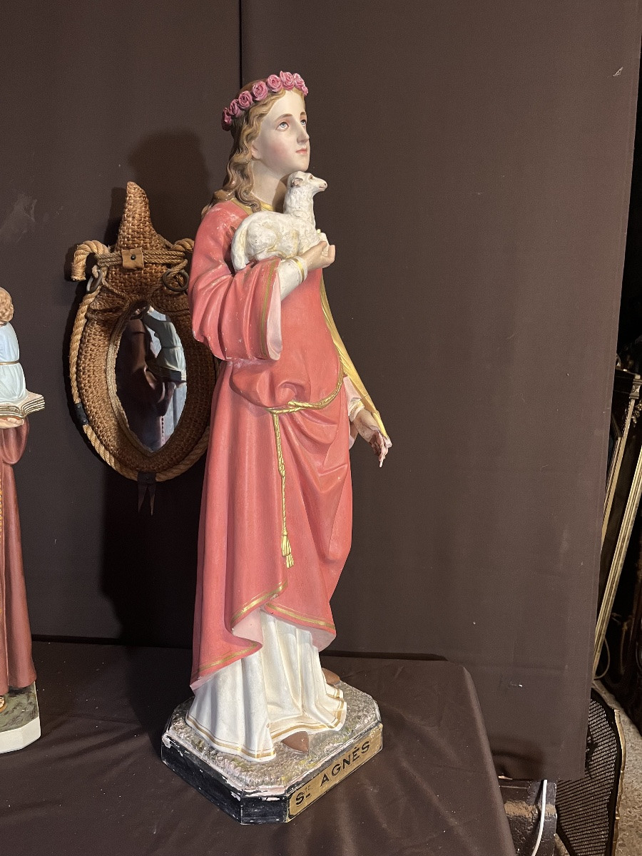 Statue religieuse en stuc polychrome de saint Agnès (hauteur :110 cm)-photo-5