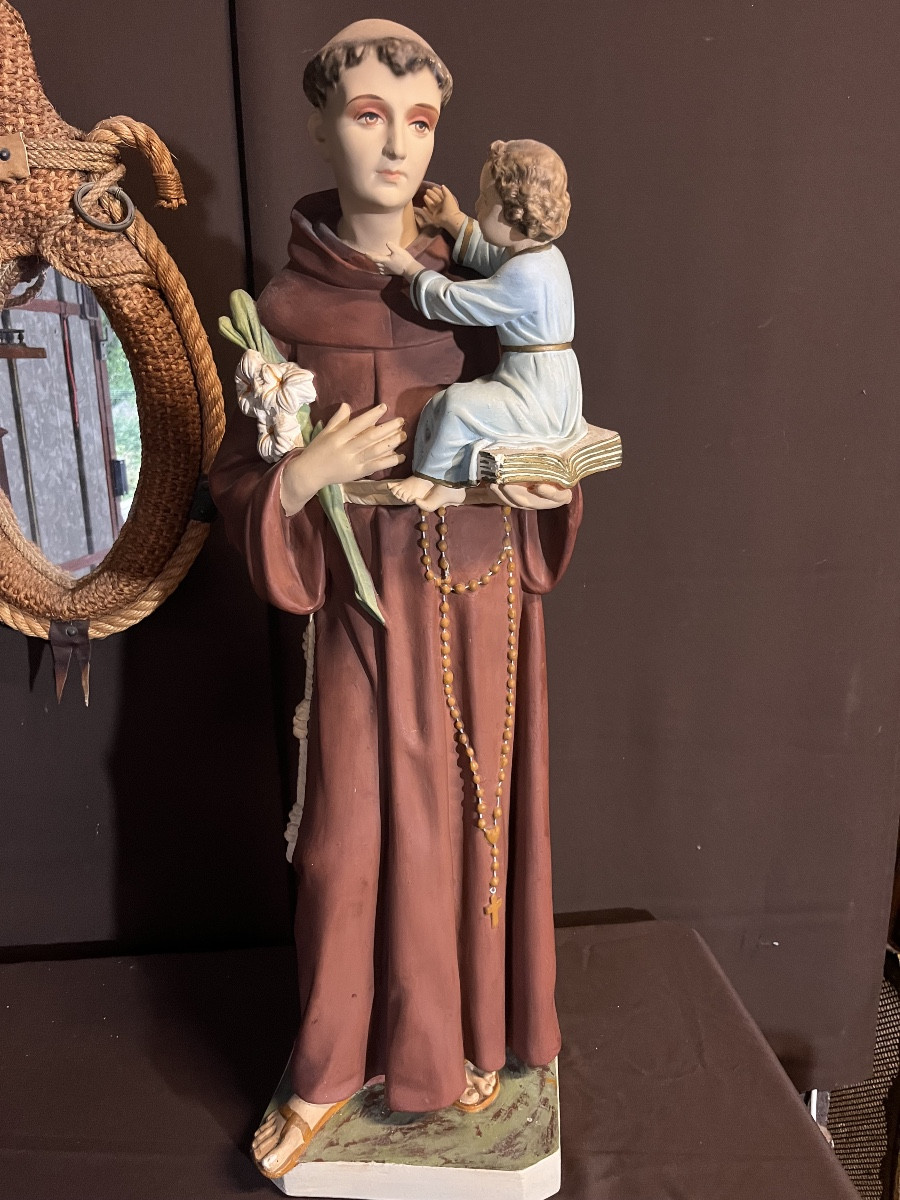 Statue religieuse en stuc polychrome représentant saint Antoine de Padoue ( haut :90cm)