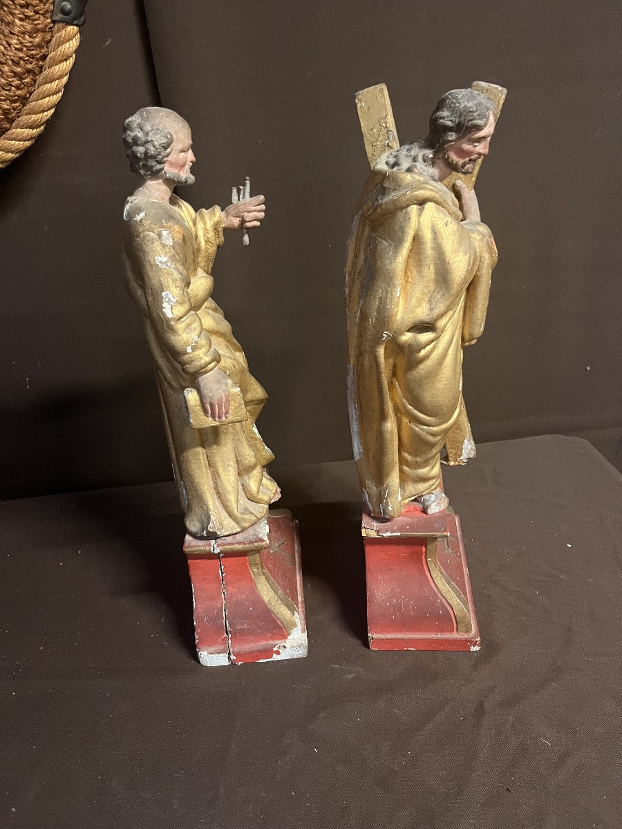 Pair Of Religious Statuettes In Gilded Wood, 18th Century-photo-2