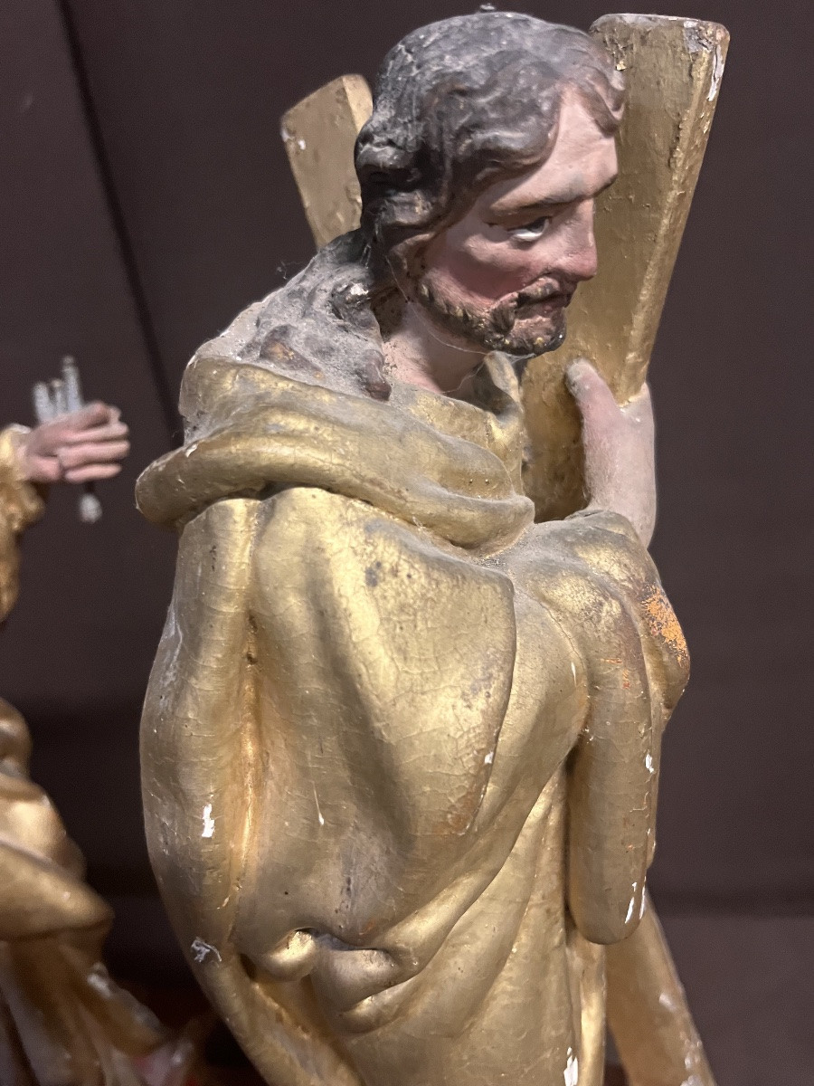 Pair Of Religious Statuettes In Gilded Wood, 18th Century-photo-3