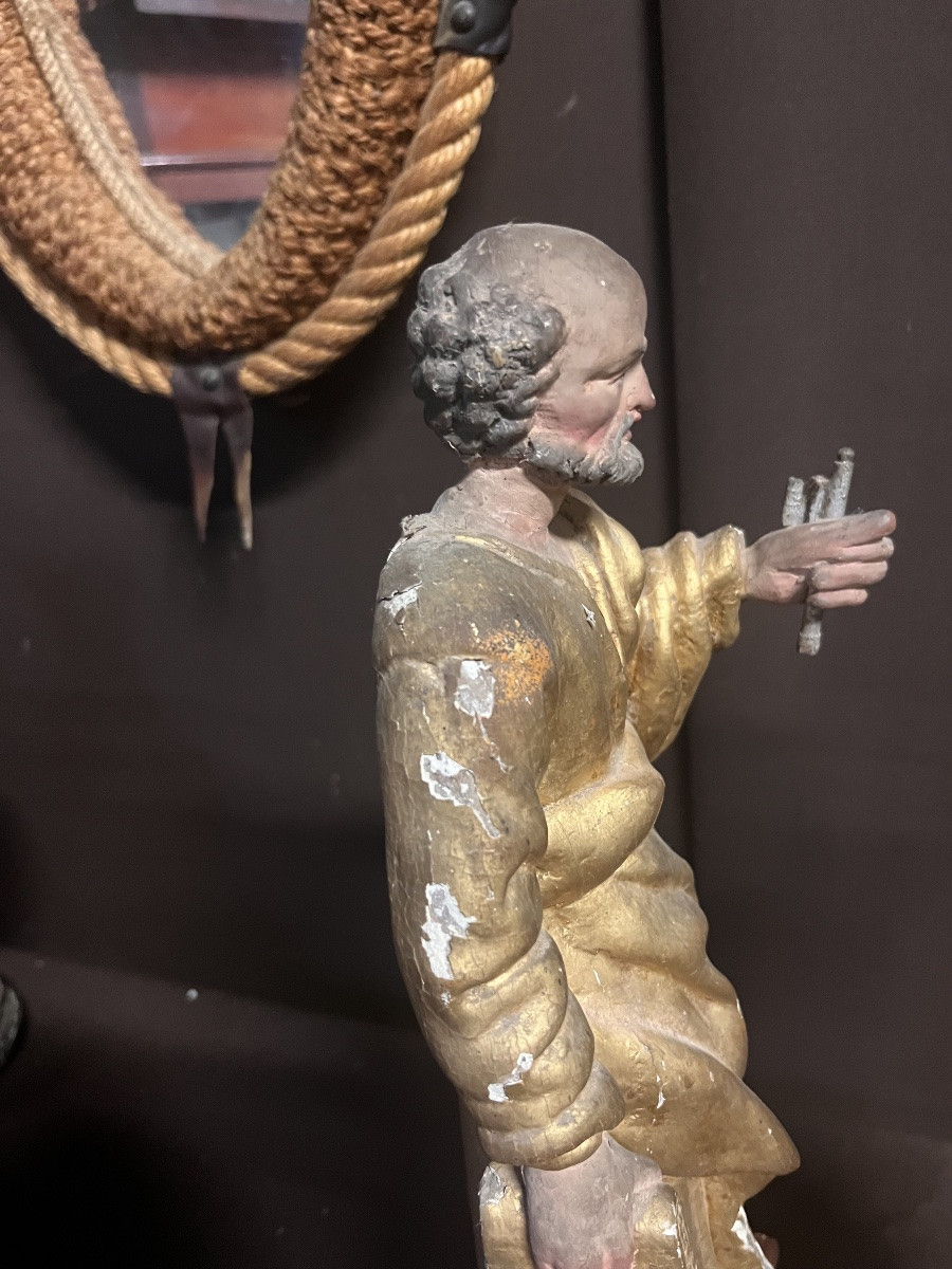 Pair Of Religious Statuettes In Gilded Wood, 18th Century-photo-4