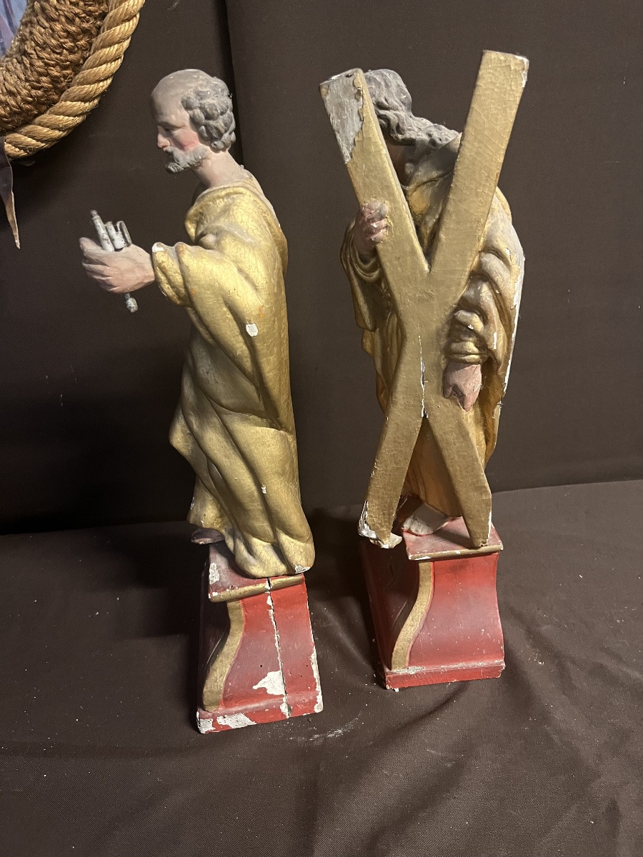 Pair Of Religious Statuettes In Gilded Wood, 18th Century-photo-2