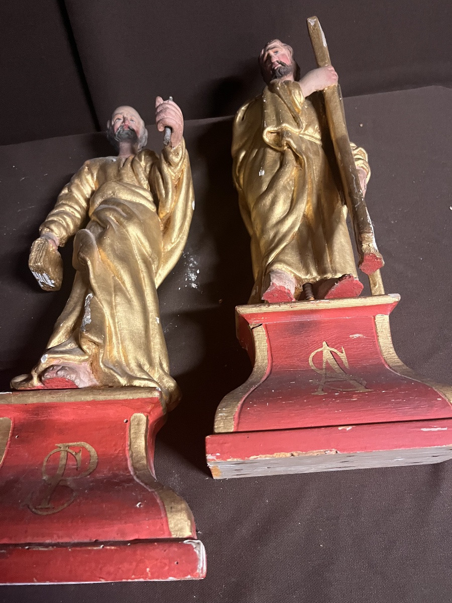 Pair Of Religious Statuettes In Gilded Wood, 18th Century-photo-5