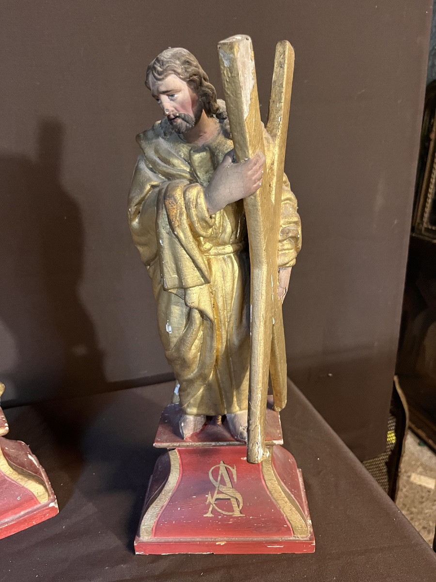 Pair Of Religious Statuettes In Gilded Wood, 18th Century-photo-6