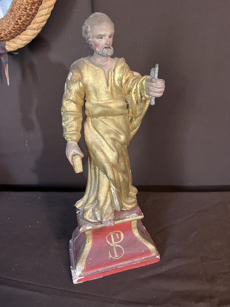 Pair Of Religious Statuettes In Gilded Wood, 18th Century-photo-7