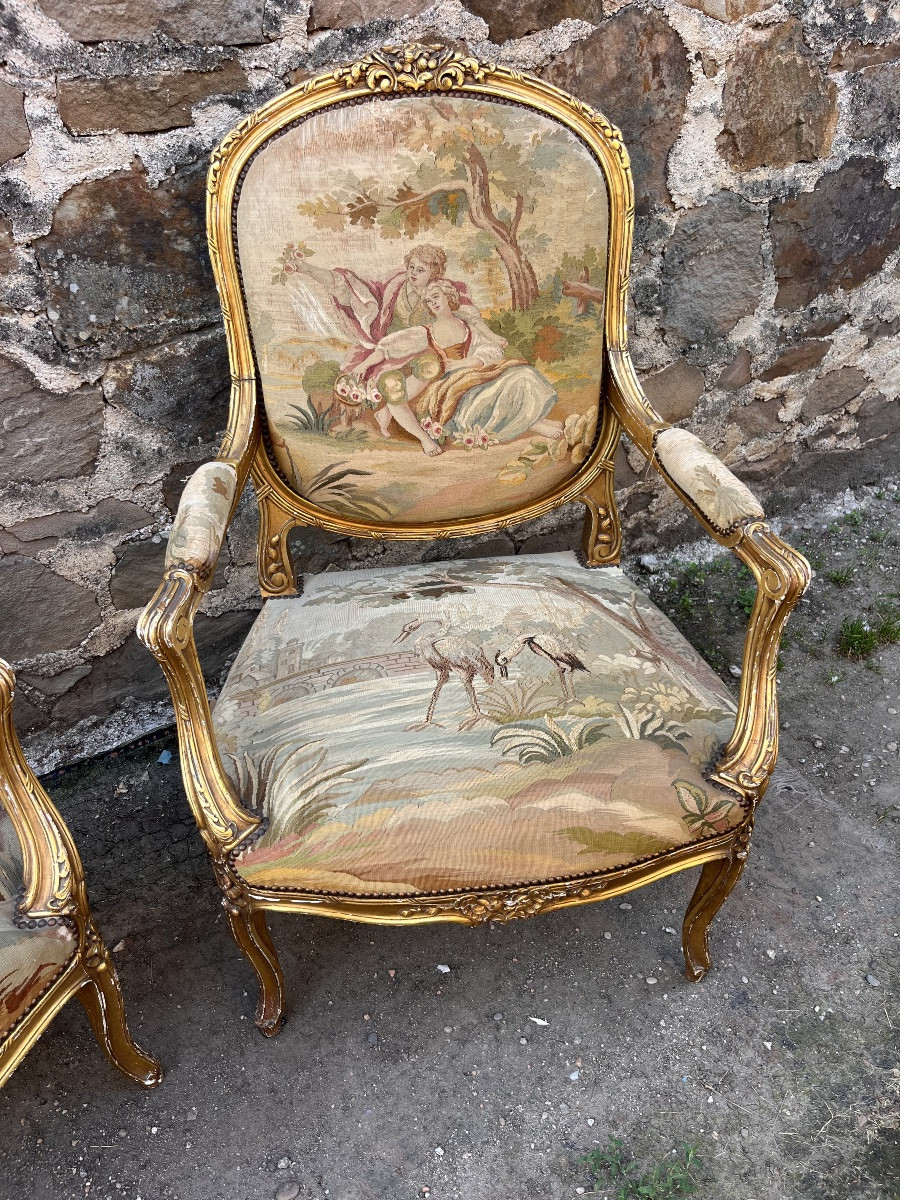 Pair Of Gilded Wooden Armchairs Covered With Aubusson Tapestry -photo-3